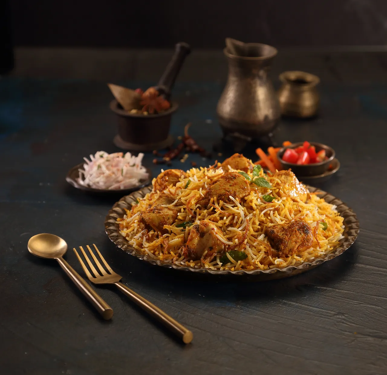 Boneless Chicken Biryani โ overnight marinated boneless chicken with aged basmati, ground masala, topped with birista