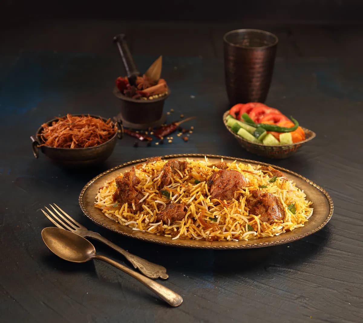 Boneless Mutton Biryani โ slow-cooked boneless mutton so tender it falls apart, with aged basmati and birista