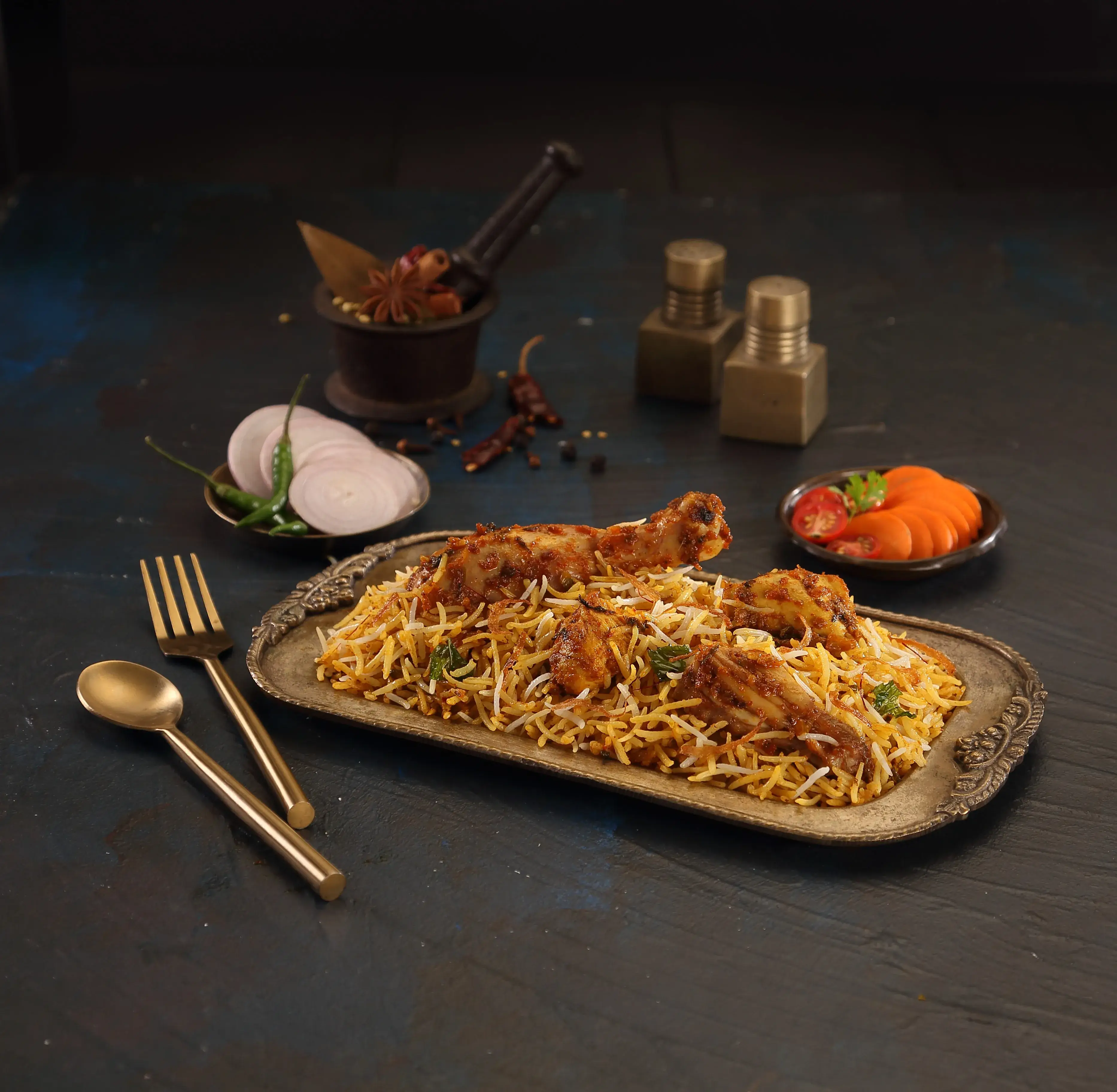 Chicken Biryani โ overnight marinated, slow dum-cooked with 2-year aged basmati rice, finished with birista, served with raita