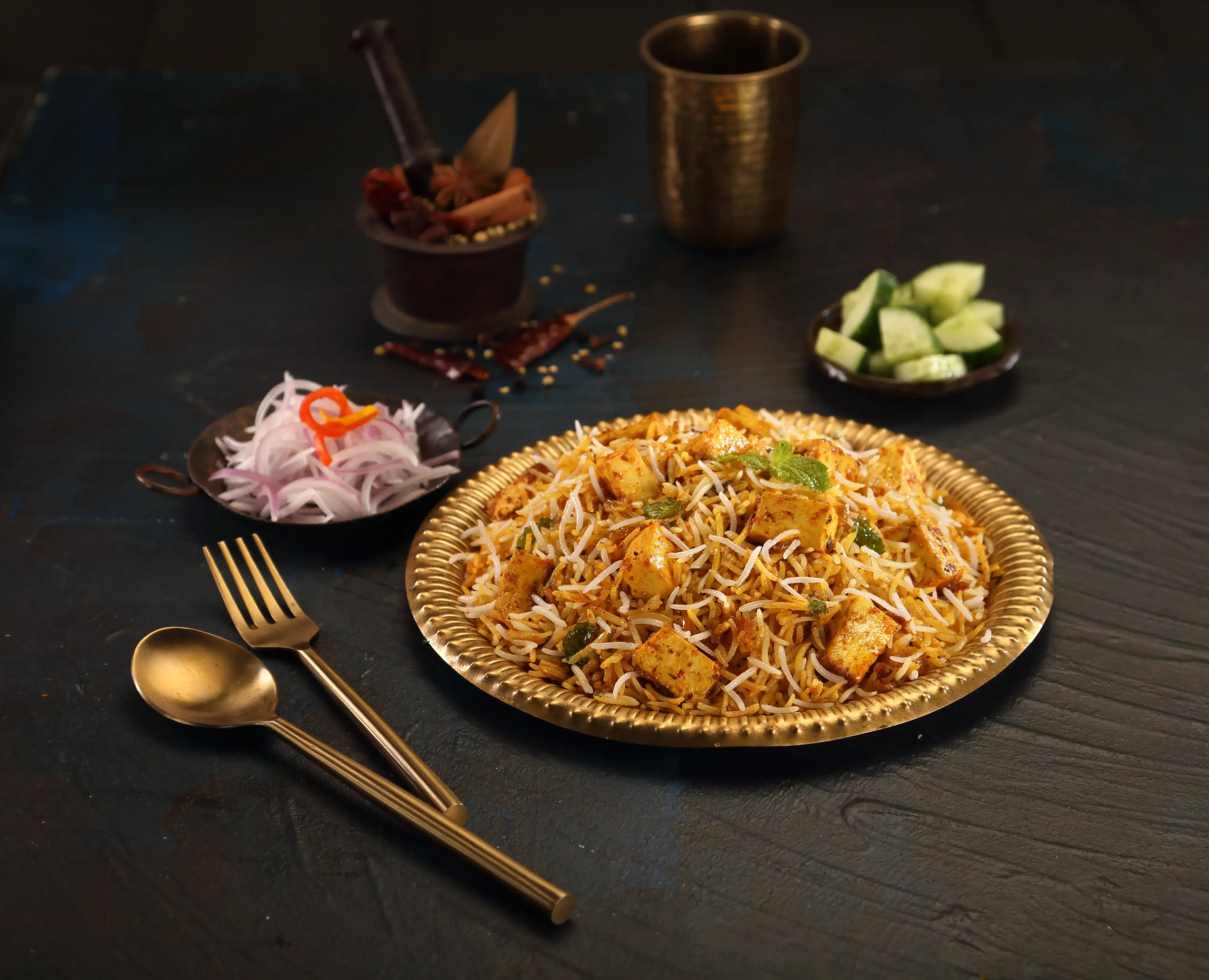 Paneer Biryani โ fresh paneer marinated in ground masala, layered with aged basmati, topped with birista
