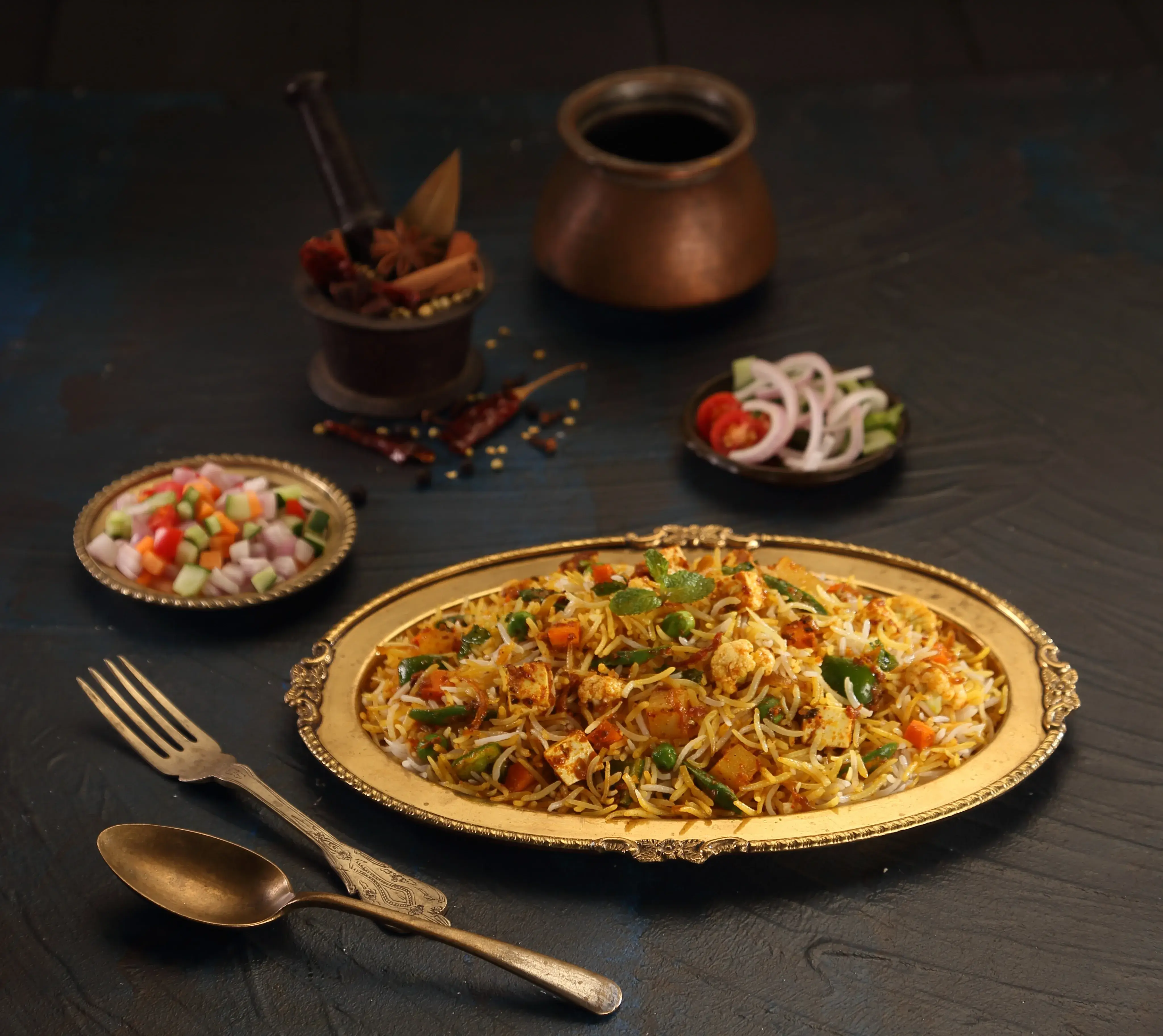 Veg Biryani โ seasonal vegetables cooked into aged basmati with ground house masala, finished with birista
